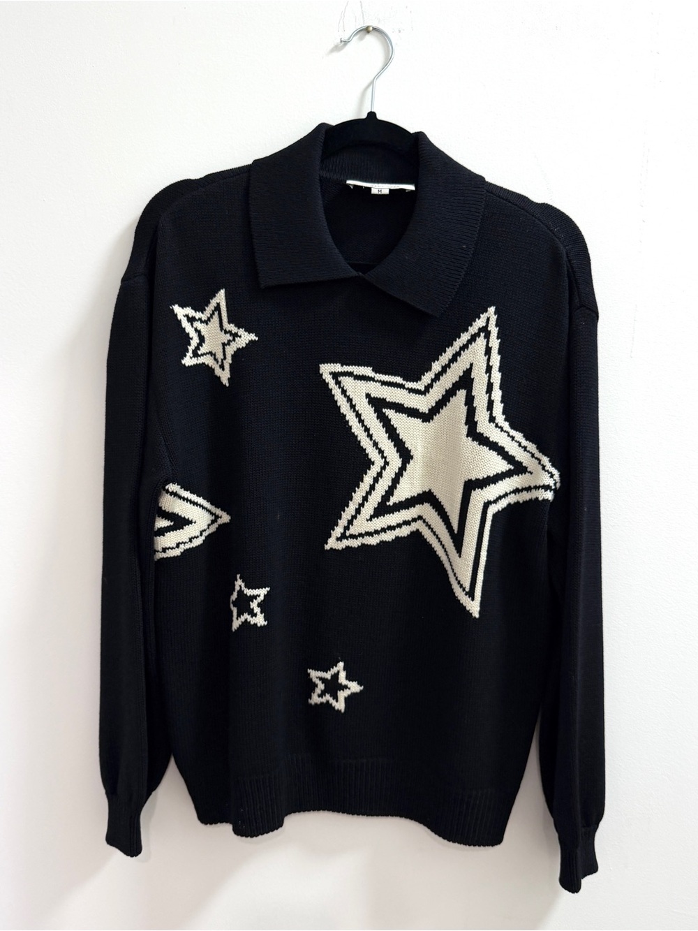 St. John Vintage Black Knit Collared Sweater with White Star Design